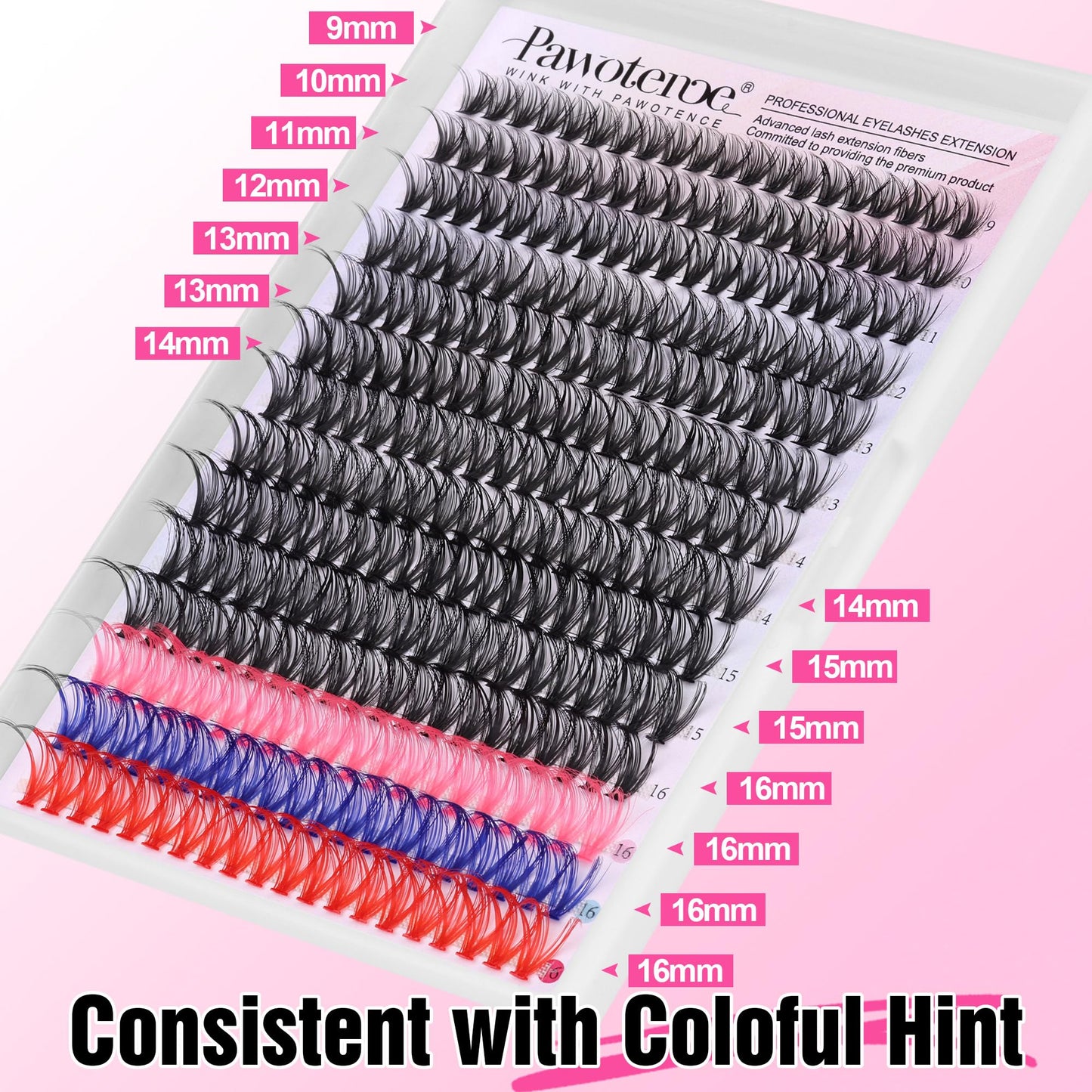 Pawotence Lash Extension Kit DIY Individual Lash Clusters Eyelash Extension Kit 9-16mm Lash Clusters Colored with Lash Bond and Seal, Lash Tweezers for Self Application (40D, 9-16mm, Color Kit)