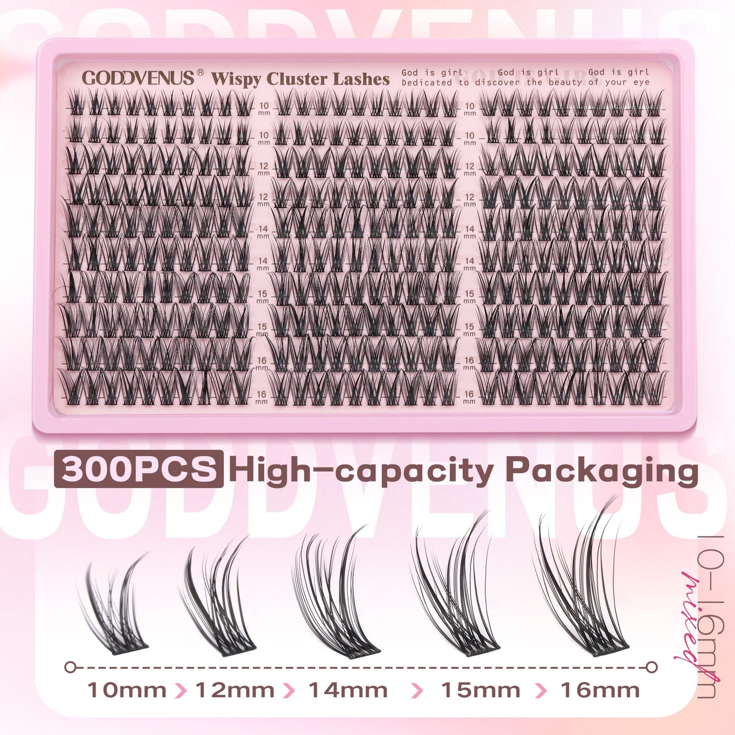 Goddvenus Eyelash Extensions Wispy Natural DIY C Curl Individual Lashes Clusters Black 10-16mm 300pcs
