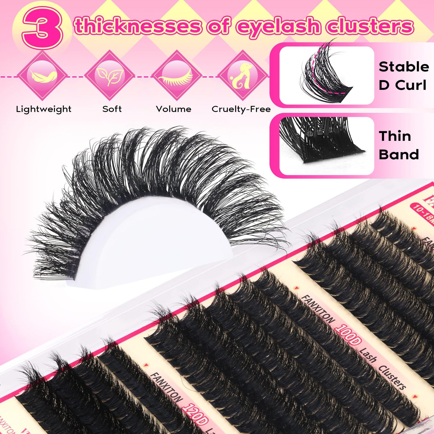 Lash Clusters Kit Thick Lash Extension Kit D Volume Lash Clusters 80D+100D+120D Eyelash Clusters 10-18mm Eye Wispy Individual Lashes with Bond and Seal