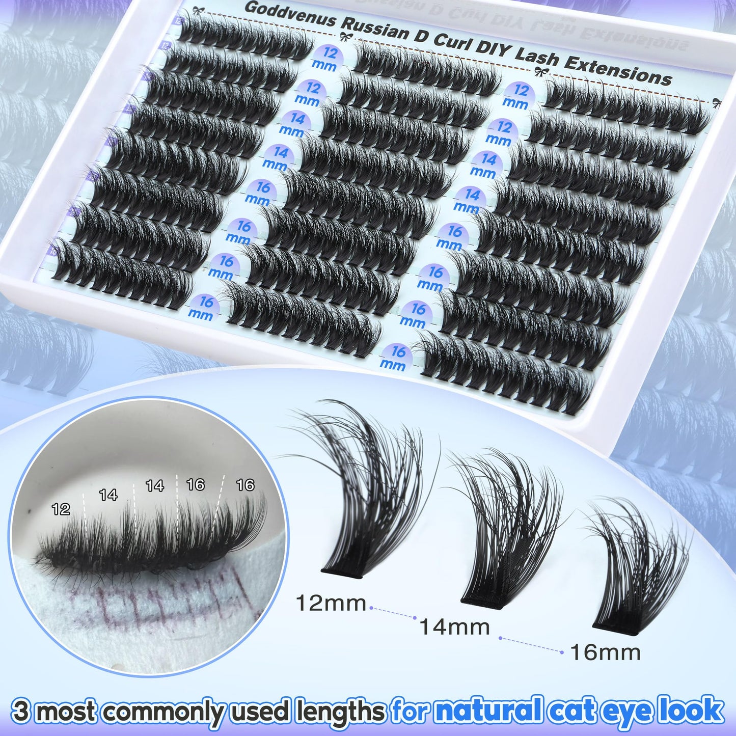 Goddvenus Lash Clusters Kit Wispy Lashes clusters Natural Fluffy Eyelashes Clusters 12mm 14mm 16mm Mixed Cluster Eyelash Extensions Kit D Curl DIY Individual Lashes Kit with Bond and Seal Lash Glue