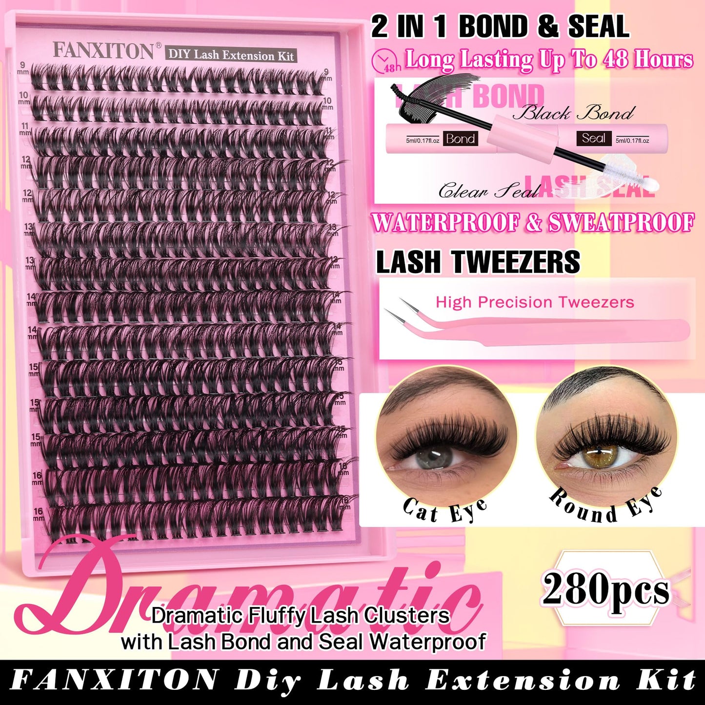FANXITON DIY Lash Extension Kit 50D D Individual Lashes Lash Clusters Kit Cluster Lashes Lash Bond and Seal and Lash Tweezers for Lash Clusters Kit DIY at Home