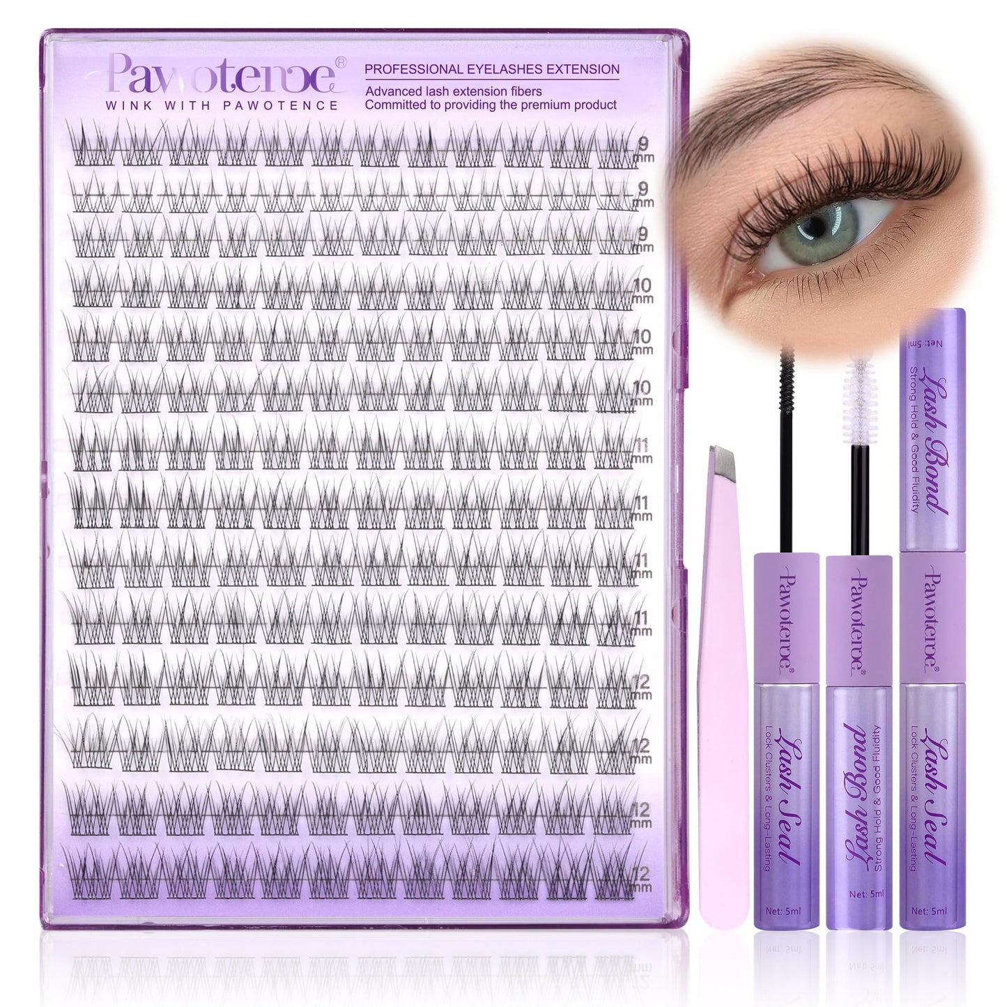 Pawotence Lash Extension Kit Wispy Lash Clusters Kit 9-12mm Natural Individual Lashes Kit 168pcs Cluster Eyelash Extension Kit with Lash Bond and Seal, Lash Applicator for Self Use