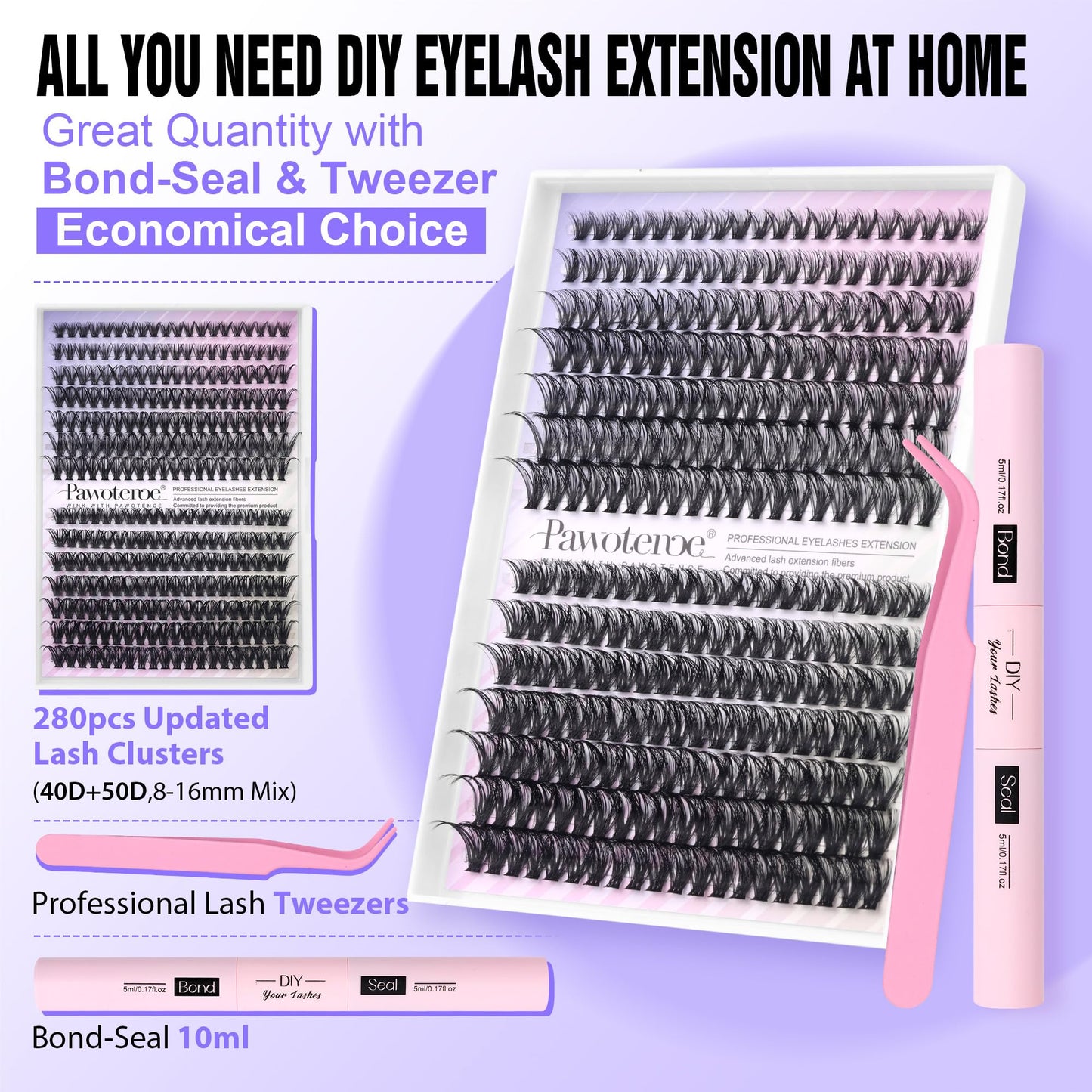 Pawotence Lash Extension Kit Individual Lash Clusters Kit 40D 50D Eyelash Extension Kit 8-16mm Eyelash Clusters with Lash Bond and Seal, Lash Tweezers for Beginners (40D&50D, 0.07D, 8-16mm, Kit)