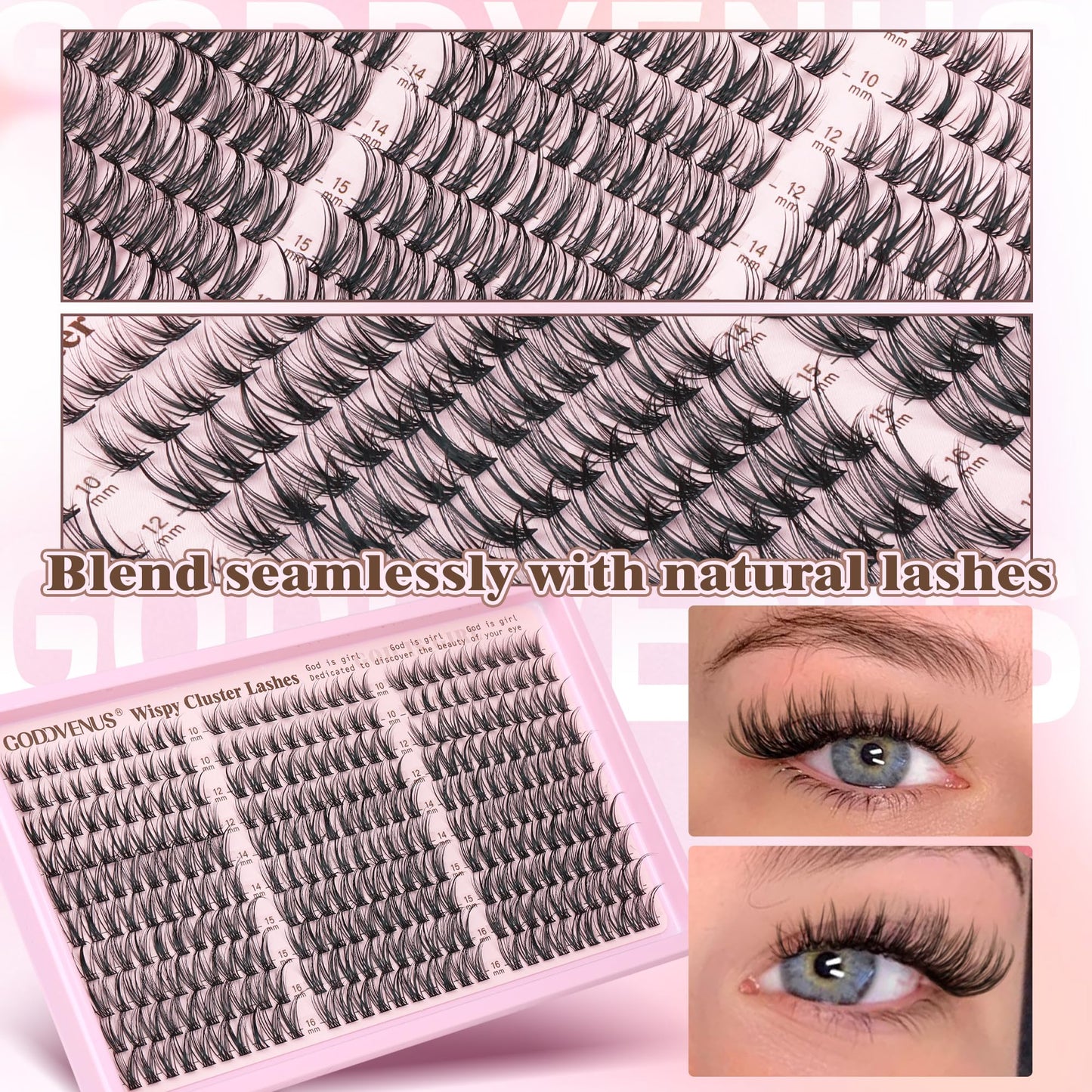 Goddvenus Eyelash Extensions Wispy Natural DIY C Curl Individual Lashes Clusters Black 10-16mm 300pcs