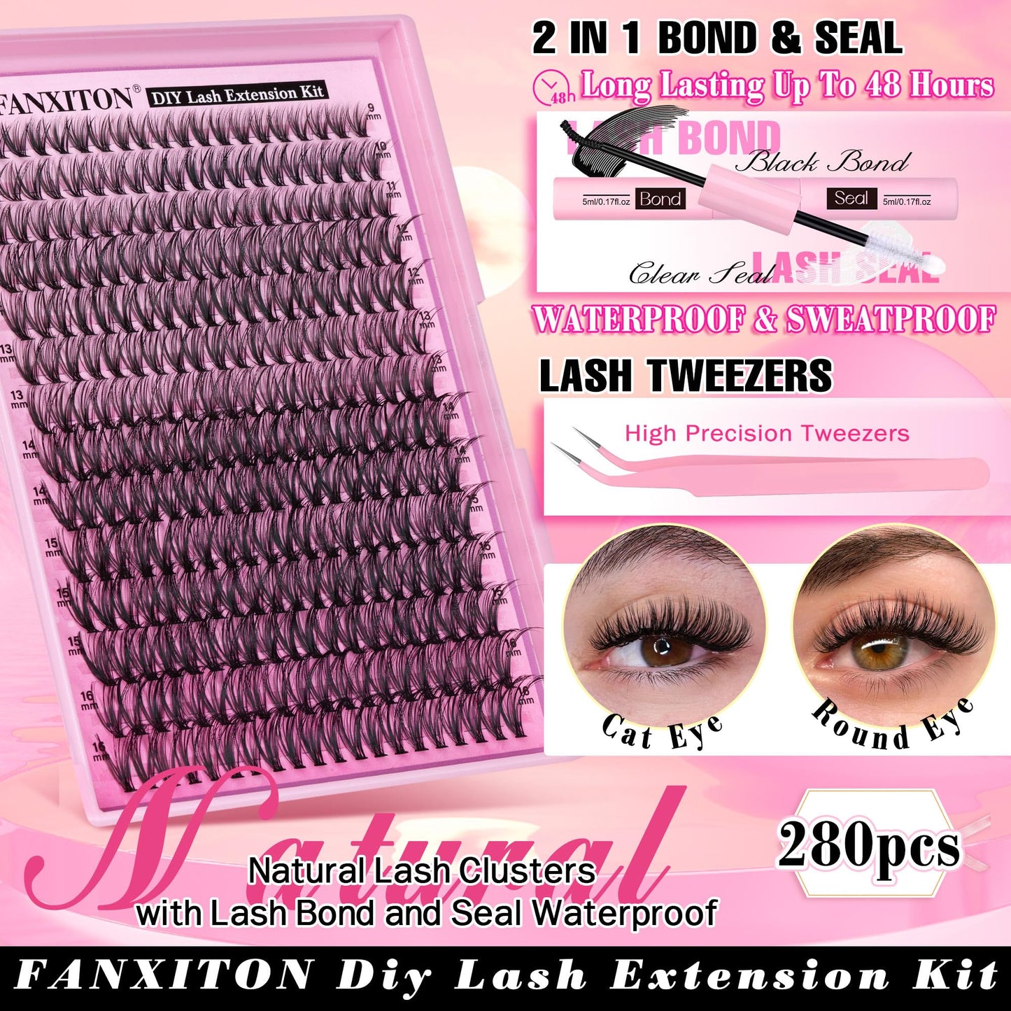 FANXITON DIY Lash Extension Kit 30D D Individual Lashes Lash Clusters Kit Cluster Lashes Lash Bond and Seal and Lash Tweezers for Lash Clusters Kit DIY at Home