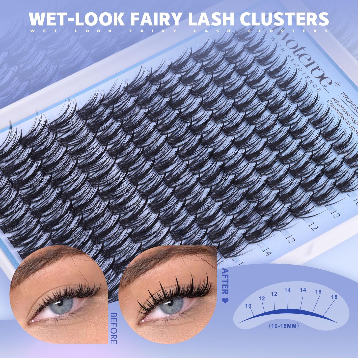 Pawotence Fairy Lash Clusters Kit Eyelash Clusters 10-18mm Wispy Lashes Clusters Eyelash Extension Kit 144pcs Natural Individual Lashes with Lash Bond and Seal, Tweezers, DIY Lash Extension Kit