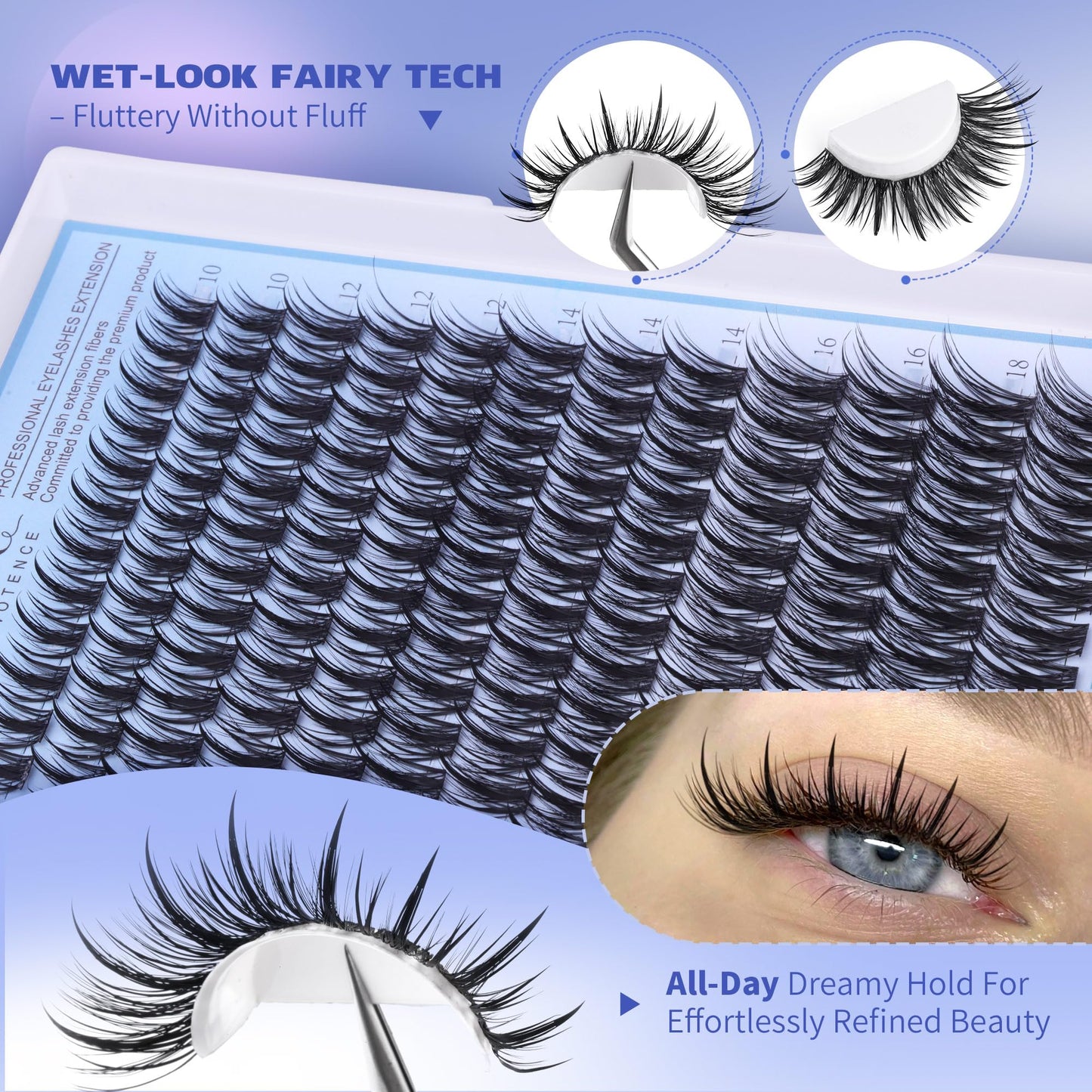 Pawotence Fairy Lash Clusters Kit Eyelash Clusters 10-18mm Wispy Lashes Clusters Eyelash Extension Kit 144pcs Natural Individual Lashes with Lash Bond and Seal, Tweezers, DIY Lash Extension Kit