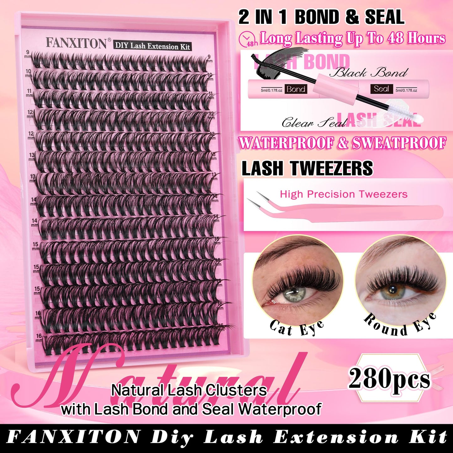 FANXITON DIY Lash Extension Kit 40D D Individual Lashes Lash Clusters Kit Cluster Lashes Lash Bond and Seal and Lash Tweezers for Lash Clusters Kit DIY at Home
