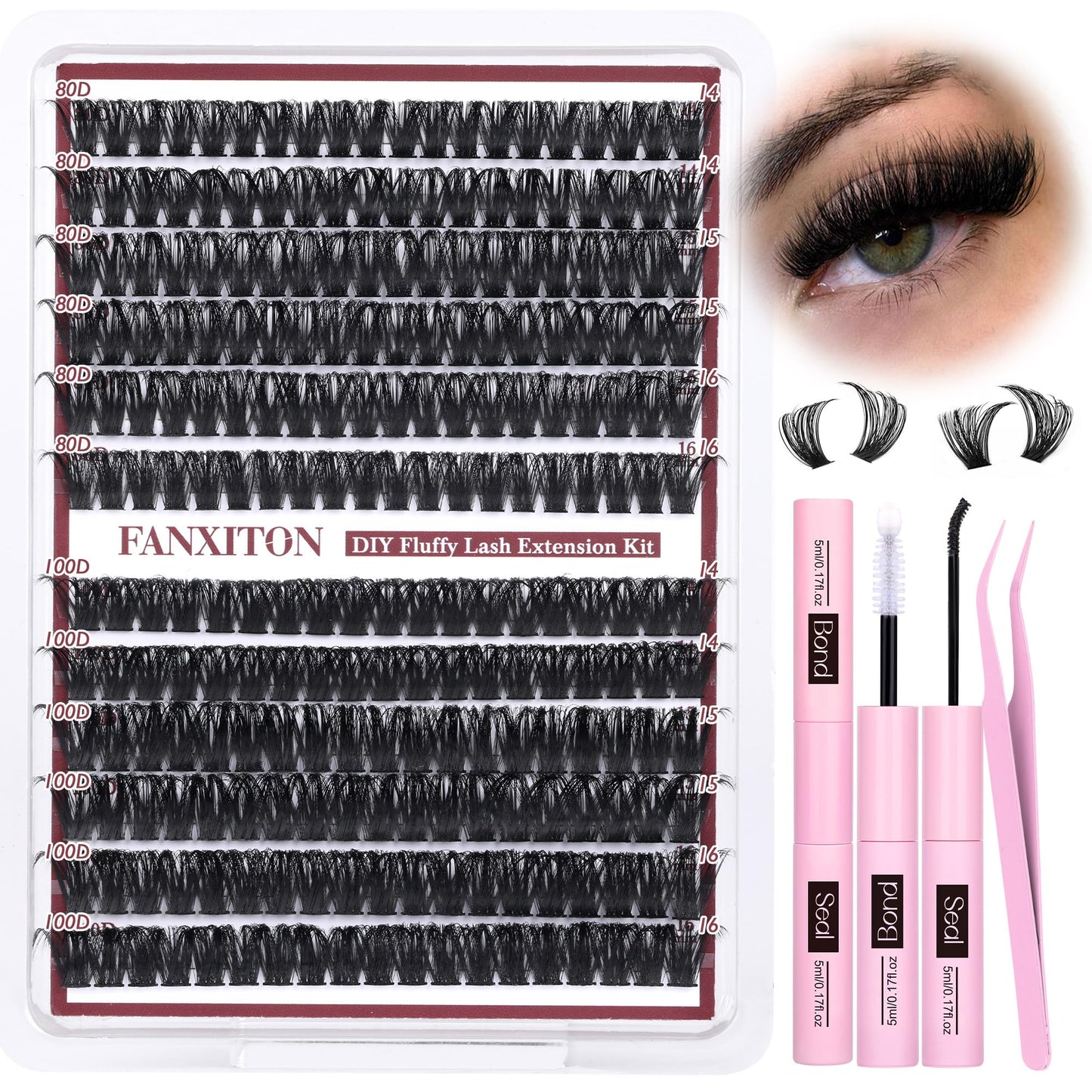 Cluster Lashes Volume Lash Clusters D Thick Eyelashes Extensions 14-16mm Mix 80D+100D Individual Lashes Thin Band Lash Bond and Seal Tweezers for DIY Lash Extension Beginners