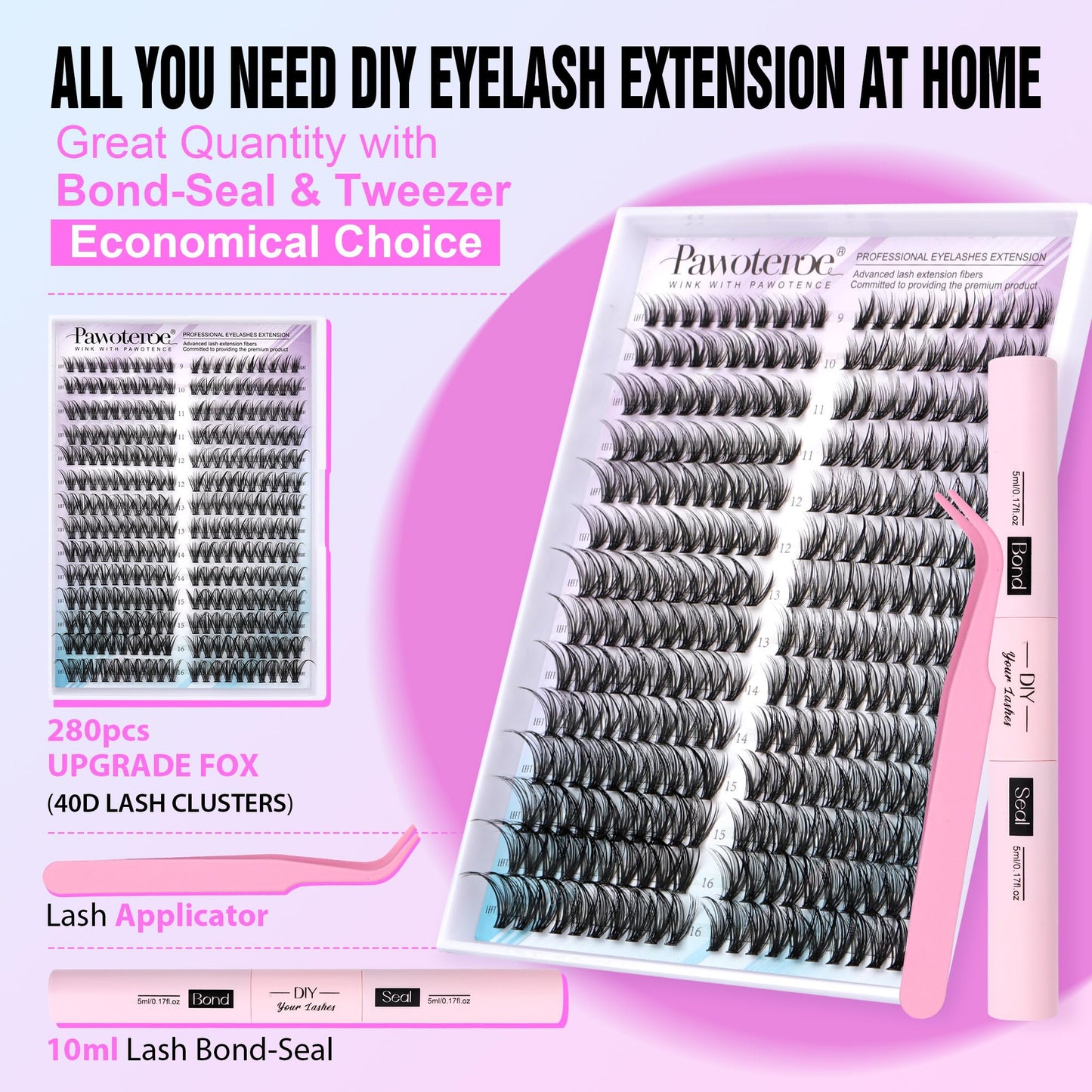 Pawotence Lash Clusters Kit Cat Eye Lash Extension Kit DIY 9-16mm Cluster Eyelash Extensions Kit 40D Individual Lashes with Lash Bond and Seal, Lash Tweezers for Self Use (Fox 40D, 9-16mm, Kit)