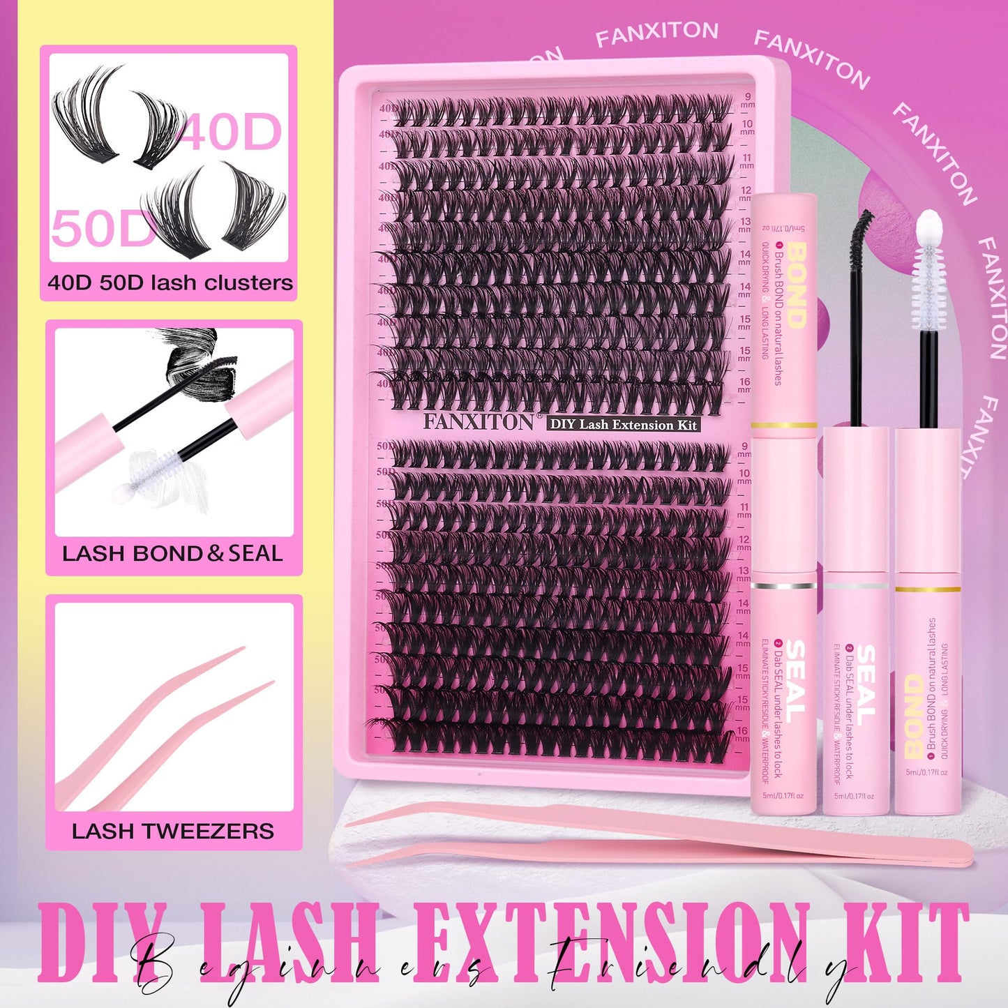 Wispy Lashes Cluster Kit Thick Eye Lash Clusters 40D+50D D 8-16mm Mix Lash Extension Kit Eyelash Clusters Volume Individual Lashes with Lash Bond and Seal and Tweezers
