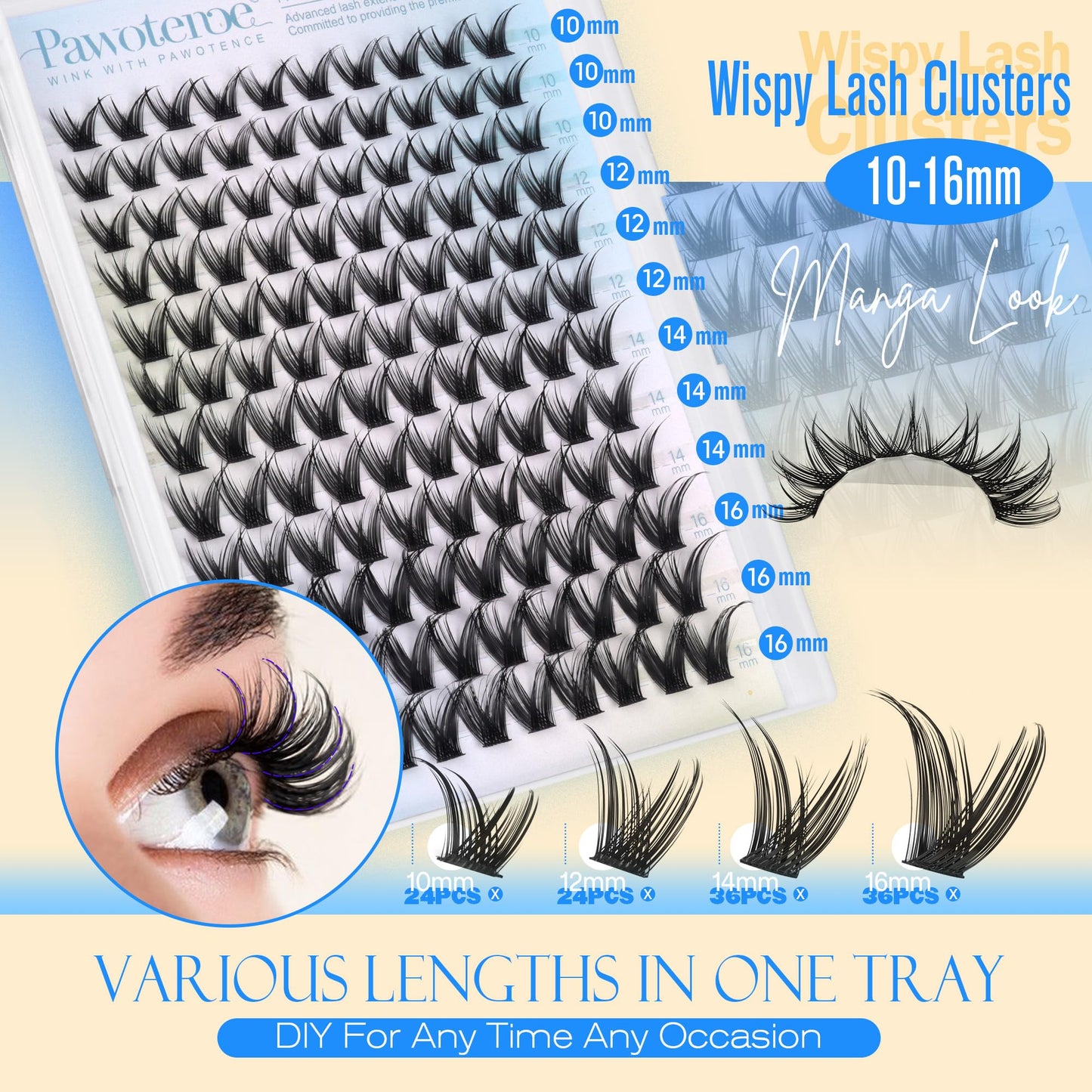 Pawotence Manga Lash Clusters Wispy Cluster Eyelash Extensions 10-16mm Individual Lashes Clusters Spiky Lash Extension DIY False Eyelashes Clusters