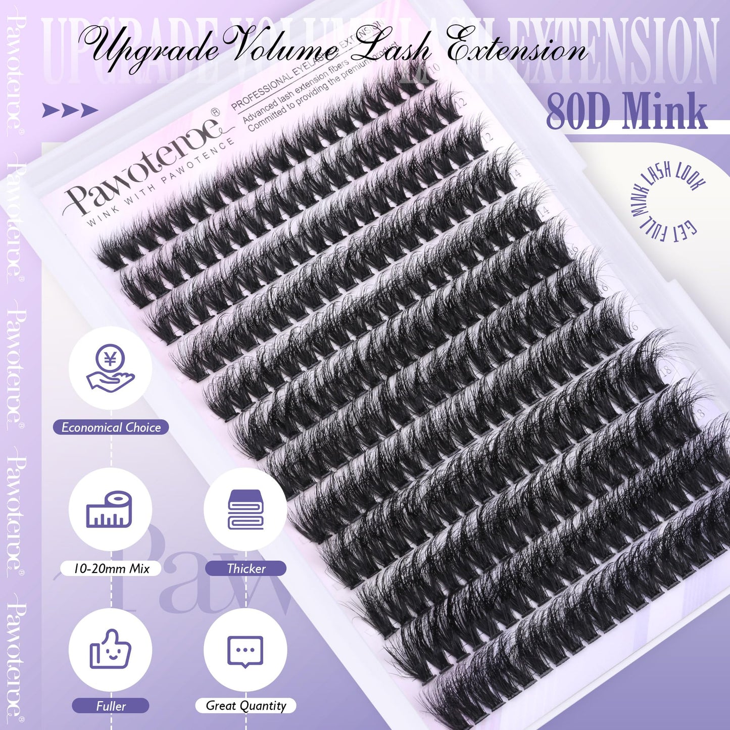 Pawotence Lash Clusters Full 80D Individual Lashes Cluster Eyelash Extensions 10-20mm Mix Eyelash Clusters 240pcs Lash Extension for Self Application (Mink 80D, 0.07D, 10-20mm)