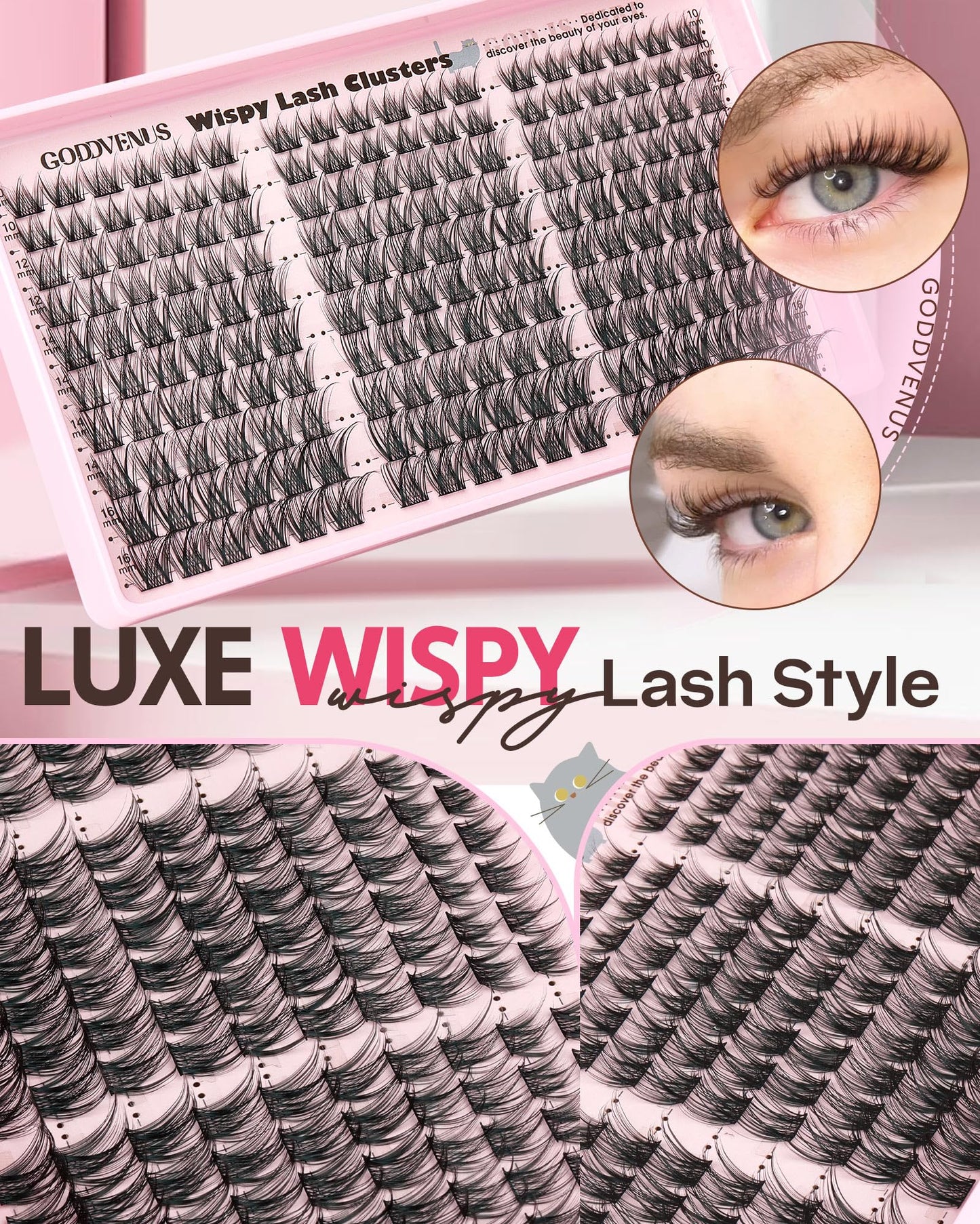 Goddvenus Lash Clusters Kit Wispy Cluster Eyelash Extensions Kit Natural DIY Lash Extension Kit 10-16mm Eyelashes Clusters 180pcs C Curl Individual Lashes Cluster Eyelash (No Tweezers)