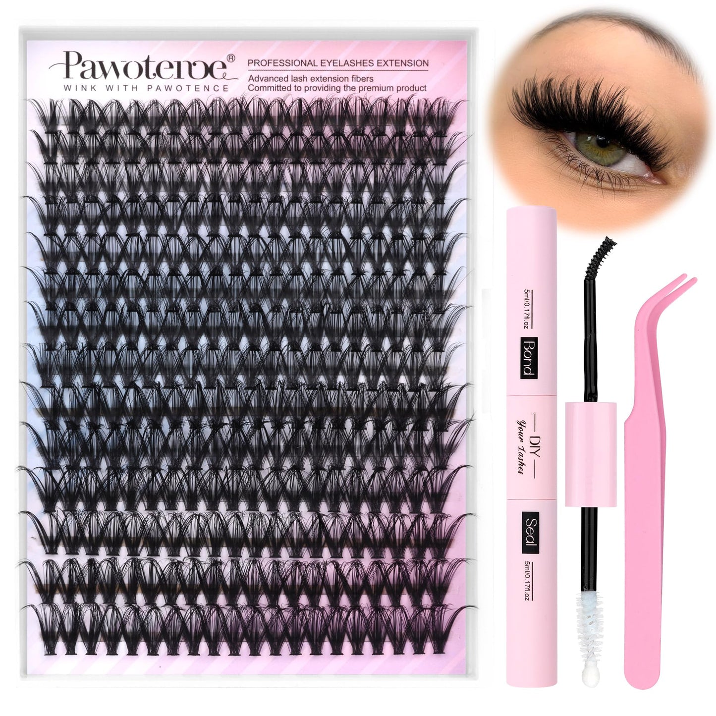 Pawotence Lash Extension Kit DIY 40D 12-18mm Individual Lashes Clusters Kit 280pcs Cluster Eyelash Extensions Kit with Lash Bond and Seal, Tweezers for Self Application (Long 40D, 12-18mm, Kit)
