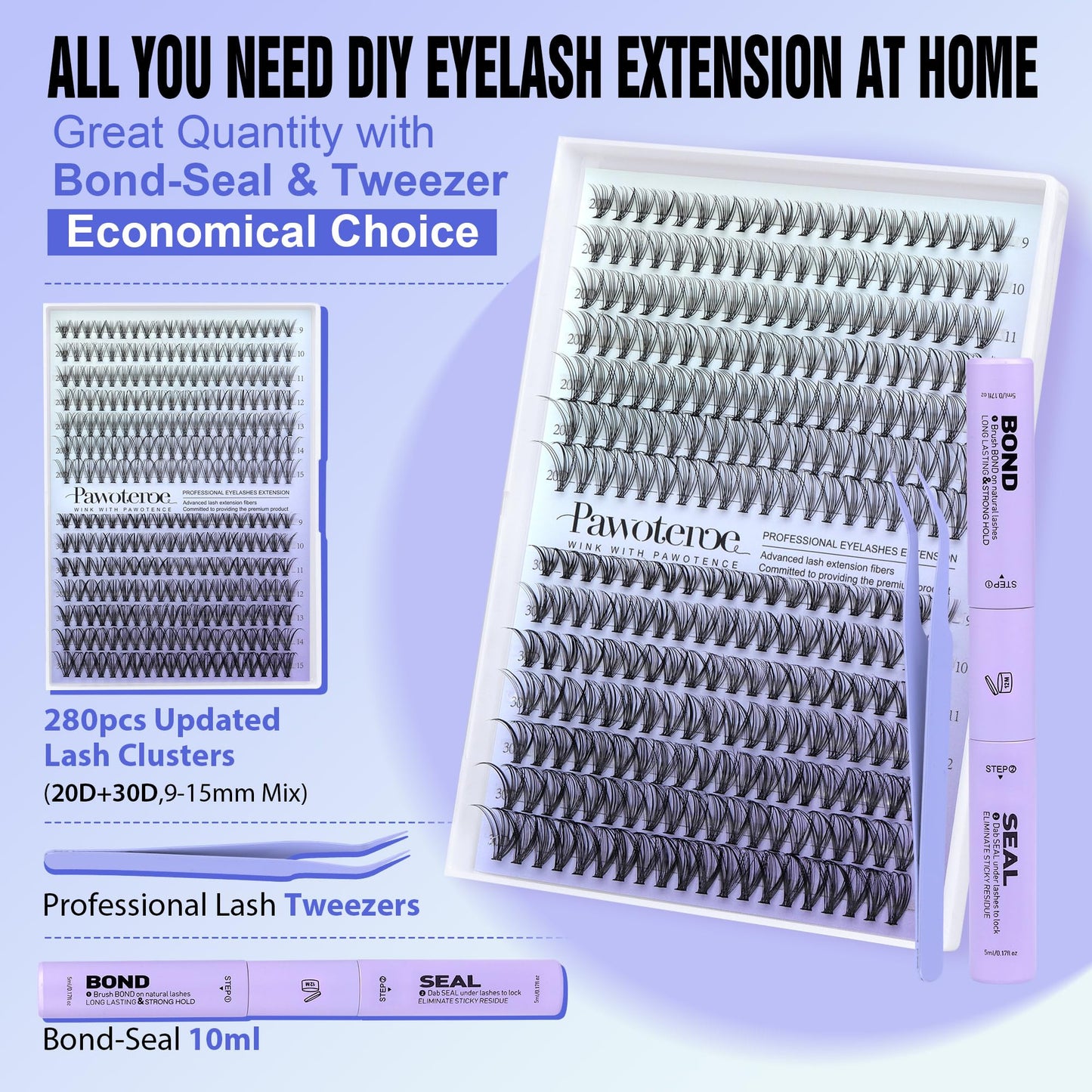 Pawotence Lash Extension Kit DIY 280pcs Individual Lash Clusters Kit 20D&30D Natural 9-15mm Cluster Eyelash Extensions Kit with Lash Bond and Seal, Tweezers for Self Use (20D&30D, 0.07D, 9-15mm, Kit)