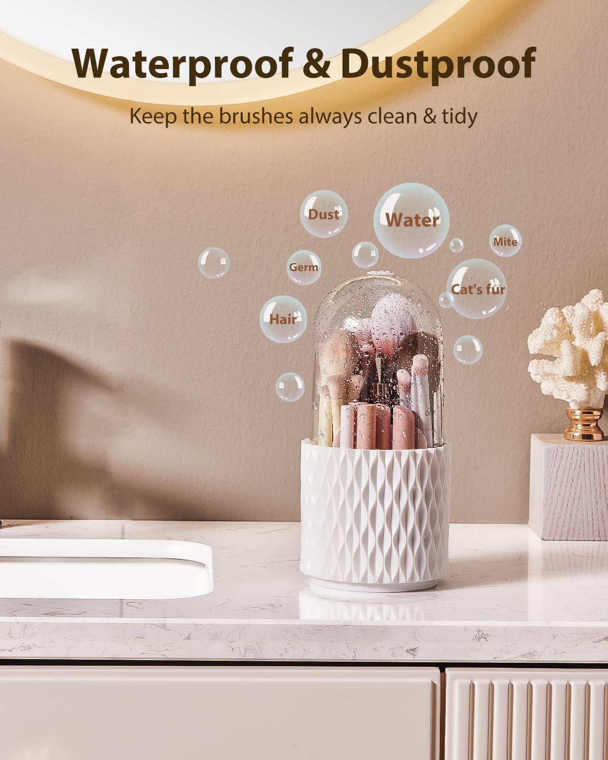 Makeup Brush Holder Dustproof & Waterproof 360 Rotating Cosmetics Make Up Brush Organizer Storage With Lid For Vanity