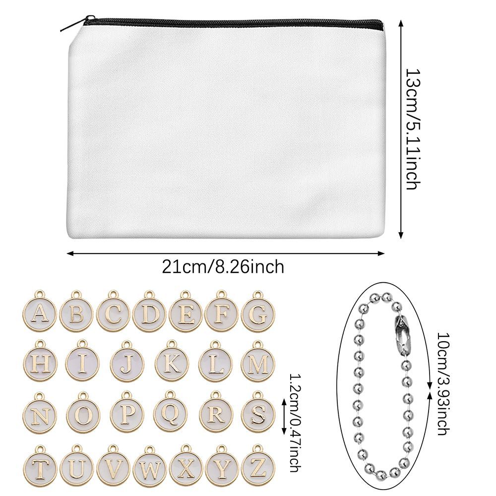 12 Pcs Paintable Blank Canvas Pouch With 26 Pcs Letter Charms And 10 Pcs Chain Multi-purpose Cosmetic Bag With Zipper Makeup Bages For DIY Craft Travel Organized