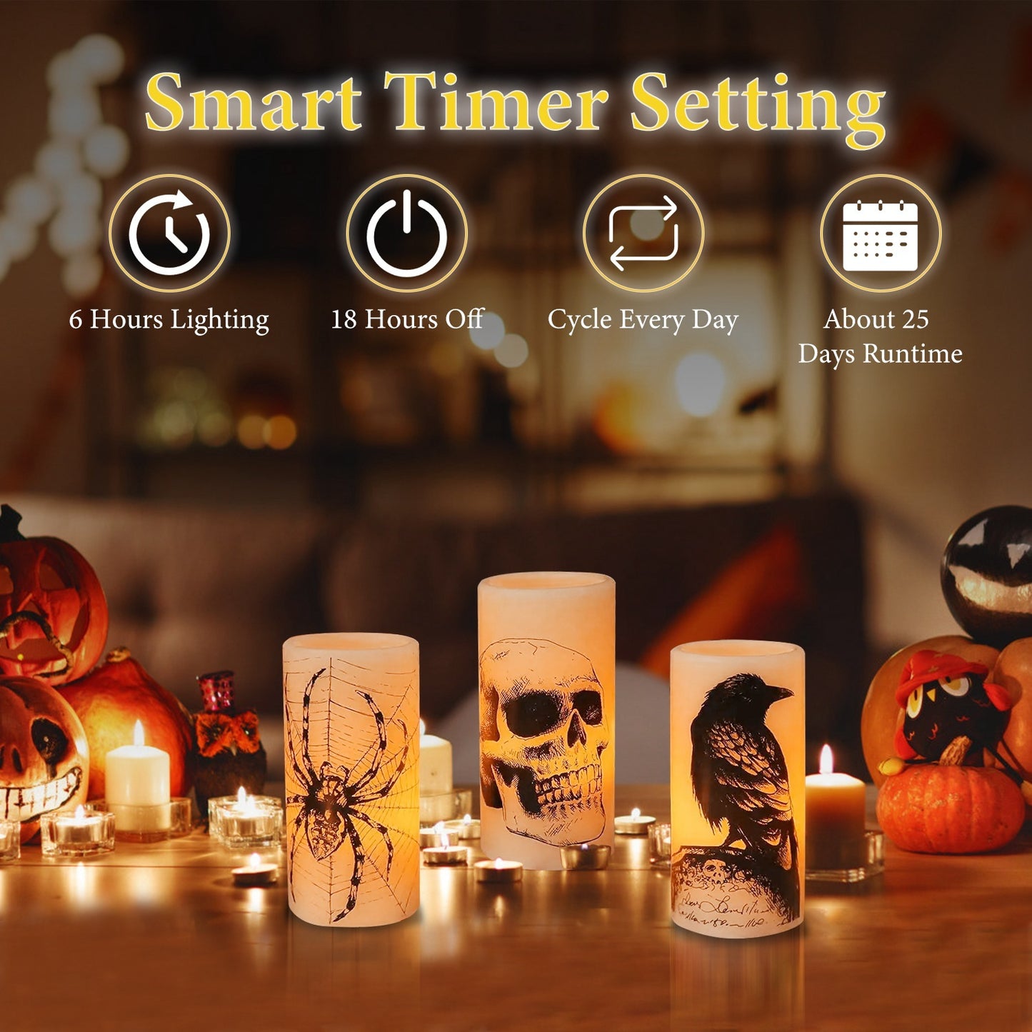 3 Pack Halloween Flameless Candle Lamp With Timer Setting Battery Operated Warm Orange Light Candles For Halloween Party Decoration