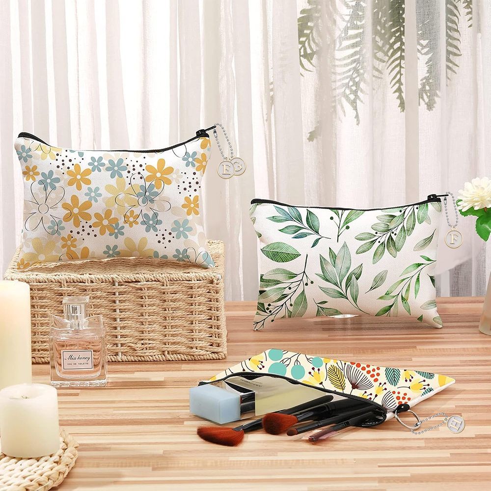 12 Pcs Paintable Blank Canvas Pouch With 26 Pcs Letter Charms And 10 Pcs Chain Multi-purpose Cosmetic Bag With Zipper Makeup Bages For DIY Craft Travel Organized