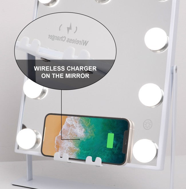 Vanity Makeup Mirror Perfect Size Wireless Charge Bluetooth Speaker 3 Light Adjustable 9 LED BulbS 360 Degree Rotation 10X Magnifying Glass Color Handle Setting Cosmetic