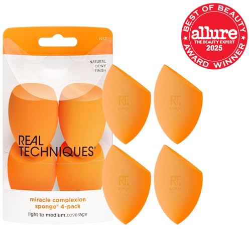 Real Techniques Miracle Complexion Sponge, Makeup Blender for Liquid and Cream Foundation, Full Coverage, Streak-Free Professional Makeup Tool, Cruelty Free, Vegan, Latex Free, 4 Count