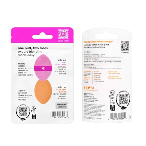 Real Techniques Miracle Complexion Sponge + Miracle 2-In-1 Powder Puff, Makeup Blending Sponge & Dual-Sided Powder Puff, For Liquids, Creams, & Powders, Vegan & Latex-Free, 2 Count