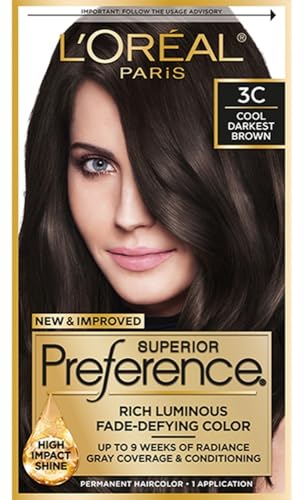 L'Oreal Paris Superior Preference Fade-Defying + Shine Permanent Hair Color, 3C Cool Darkest Brown, Pack of 1, Hair Dye