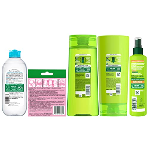 Garnier Back to School Bundle | Waterproof Micellar Water (400ml), EcoPads, Fructis Sleek & Shine Shampoo (22 fl oz), Conditioner (21 fl oz) + 10-in-1 Treatment (8.1 oz), 5 Items (Packaging May Vary)