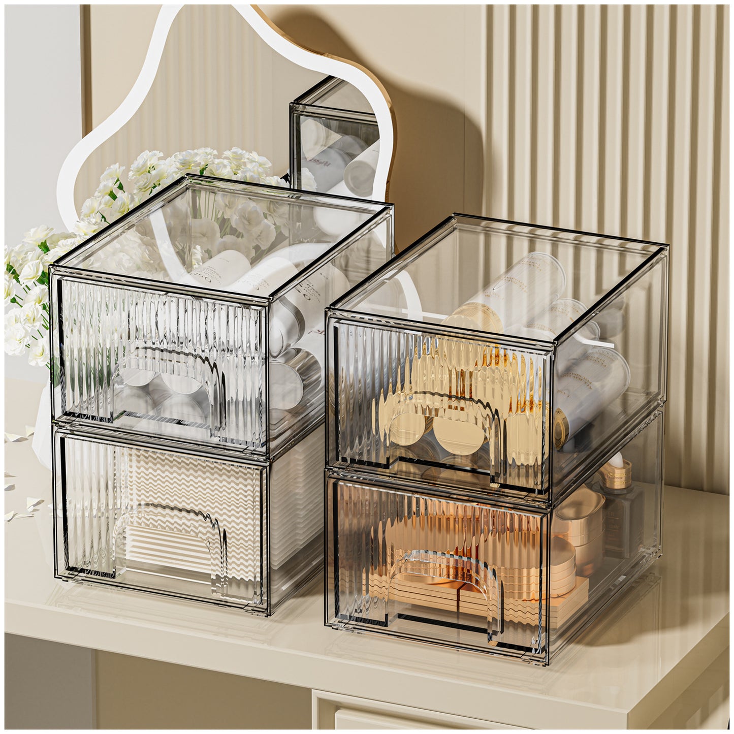 1, 2, 3, 4 Pack Clear Stackable Acrylic Drawers Cosmetic & Home Storage Organizer For Dresser, Vanity, Kitchen Cabinet, Pantry, Under Sink  Plastic Drawers For Makeup, Office Supplies & Small Items