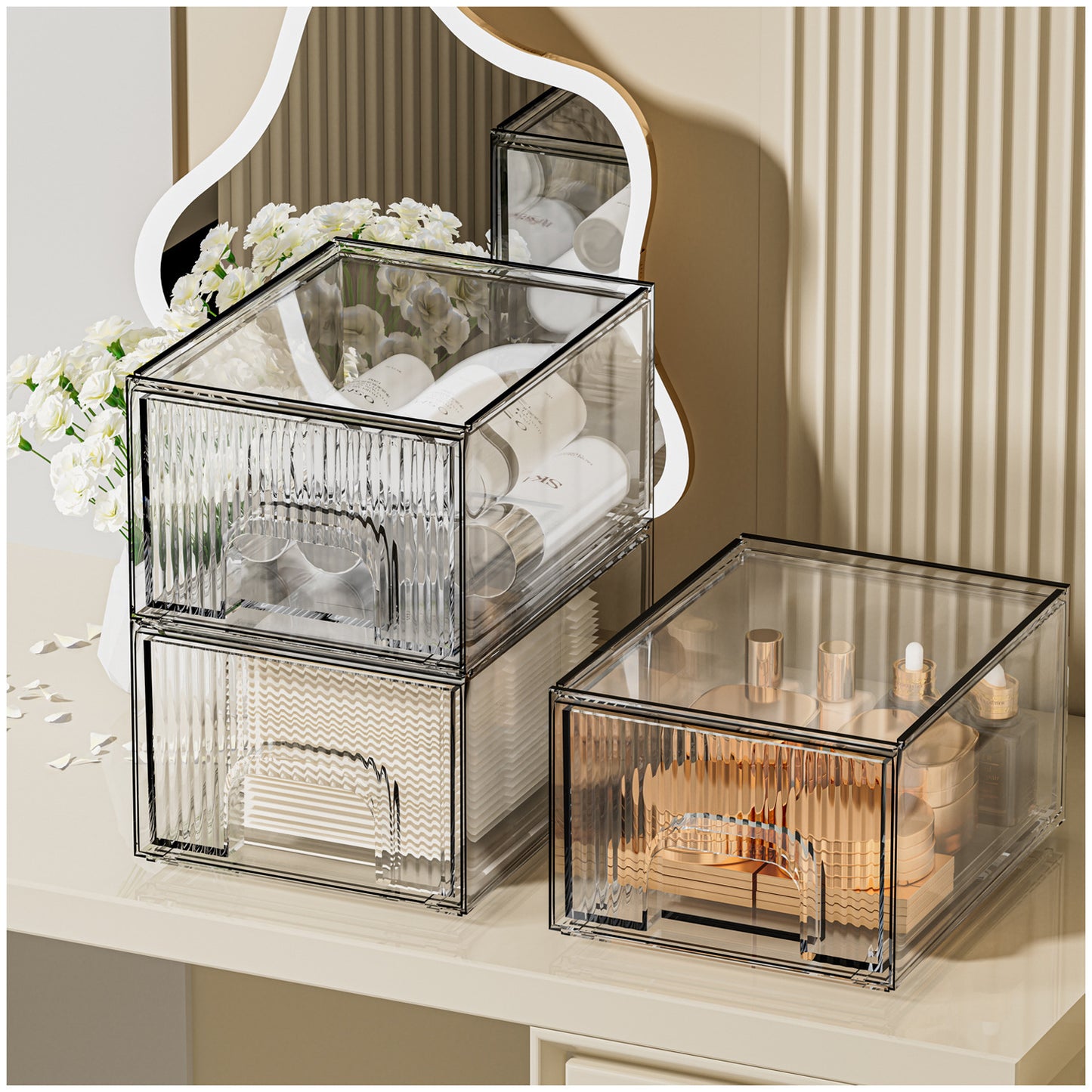 1, 2, 3, 4 Pack Clear Stackable Acrylic Drawers Cosmetic & Home Storage Organizer For Dresser, Vanity, Kitchen Cabinet, Pantry, Under Sink  Plastic Drawers For Makeup, Office Supplies & Small Items