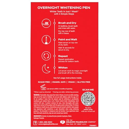 Colgate Optic White Overnight Teeth Whitening Pen, Hydrogen Peroxide Teeth Whitening Pen, Visibly Whiter Teeth in Just 1 Week When Used as Directed, 21 Whitening Treatments, 0.08 fl oz