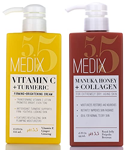 Medix 5.5 Vitamin C Cream and Manuka Honey Cream Set. Medix Vitamin C w/Turmeric Fights Sun Damaged Skin and Crepey Skin. Manuka Honey Lotion w/Collagen Restores Dry Skin. Two 15 Fl Oz