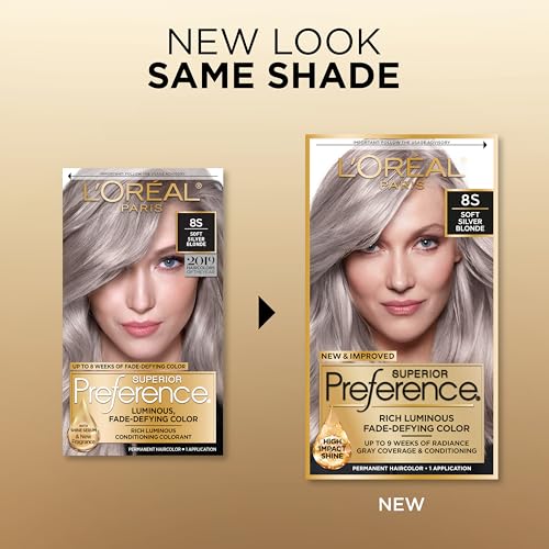 L'Oreal Paris Superior Preference Luminous Fade-Defying Permanent Hair Color, Hair Dye For Up to 9 Weeks of Radiance, Light Silver Blonde 8S, 1 Hair Dye Kit