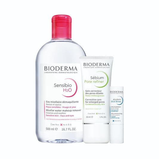 Bioderma Sensibio H2O 500ml + Sébium Pore refiner + Atoderm Lipstick - Makeup Essentials Bundle