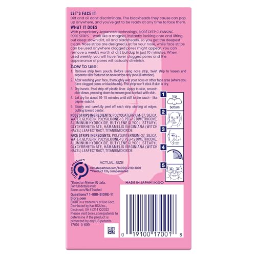 Bioré Nose+Face Blackhead Remover Strips, Deep Cleansing Strips for Nose, Chin, or Forehead, Instant Blackhead Removal and Pore Unclogging, Oil-free, Non-Comedogenic Use, Value Size 24 Count