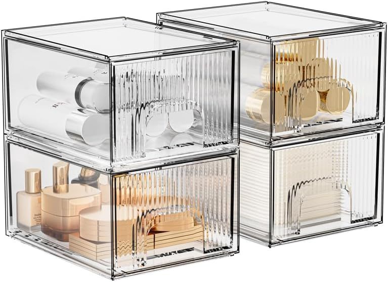 1, 2, 3, 4 Pack Clear Stackable Acrylic Drawers Cosmetic & Home Storage Organizer For Dresser, Vanity, Kitchen Cabinet, Pantry, Under Sink  Plastic Drawers For Makeup, Office Supplies & Small Items