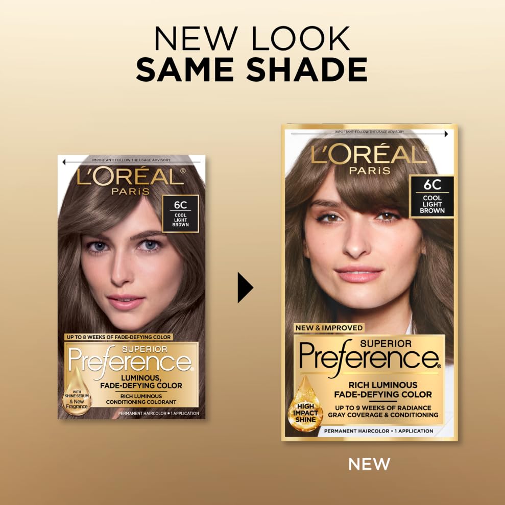 L'Oreal Paris Superior Preference Fade-Defying + Shine Permanent Hair Color, 6C Cool Light Brown, Pack of 1, Hair Dye