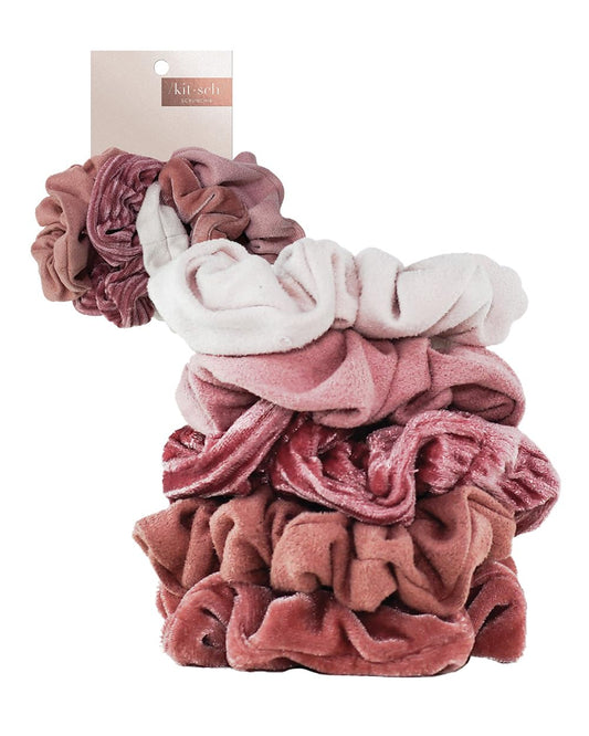 Kitsch 5 Count Velvet Hair Scrunchies for Women - Hair Ties for Thick Hair, Girls, Women, Cute Scrunchies, Soft Hair Accessories, Blush/Mauve
