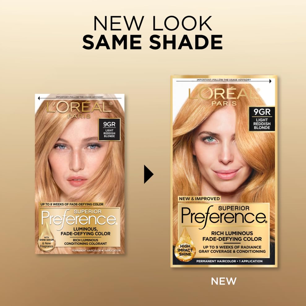 L'Oreal Paris Superior Preference Luminous Fade-Defying Permanent Hair Color, Hair Dye For Up to 9 Weeks of Radiance, Golden Reddish Blonde 9GR, 1 Hair Dye Kit