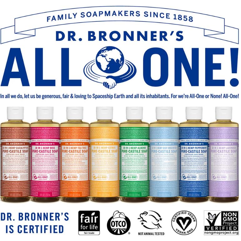 Dr. Bronner's Pure-Castile Magic Liquid Soap (Peppermint, 8 Ounce)- Made with Organic Oils, 18-in1 Uses: Face, Hair, Hand & Body Soap, Laundry, Pets- Concentrated, Vegan, Non-GMO