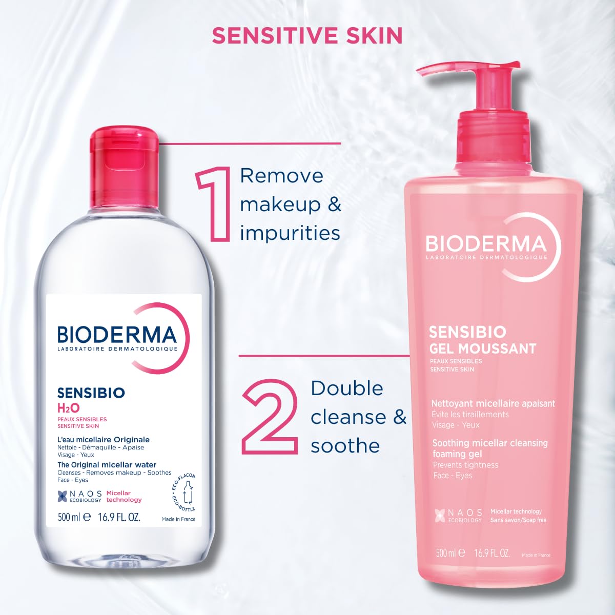 Bioderma Sensibio H2O Micellar Water, Duo Pack Makeup Remover Cleanser, Gentle for Skin, Fragrance-Free & Alcohol-Free, Gentle Face Cleanser for Sensitive Skin