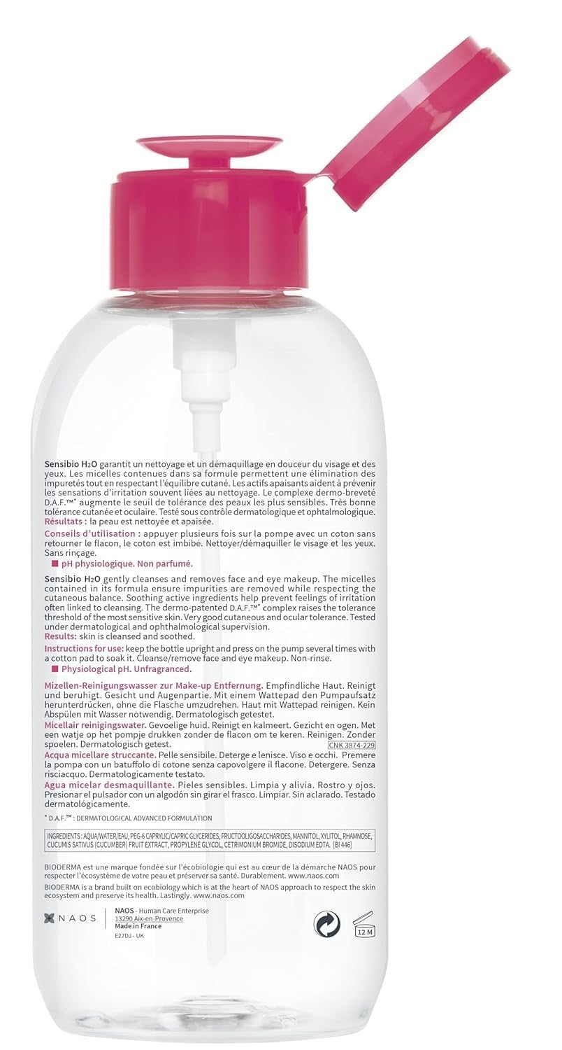 Bioderma Sensibio H2O Micellar Water Pump, Makeup Remover Cleanser, Gentle for Skin, Fragrance-Free & Alcohol-Free, Gentle Face Cleanser for Sensitive Skin, 28.7 Fl Oz
