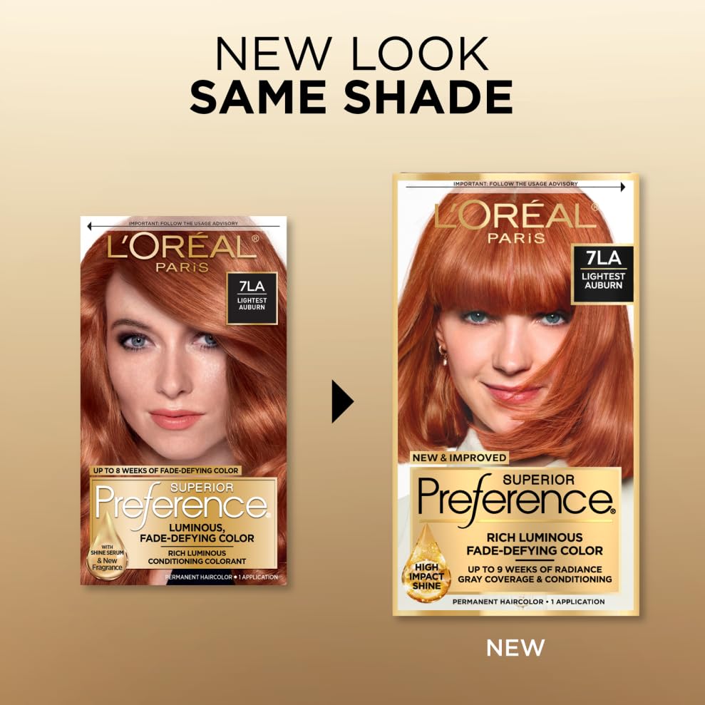 L'Oreal Paris Superior Preference Fade-Defying + Shine Permanent Hair Color, 7LA Lightest Auburn, Pack of 1, Hair Dye