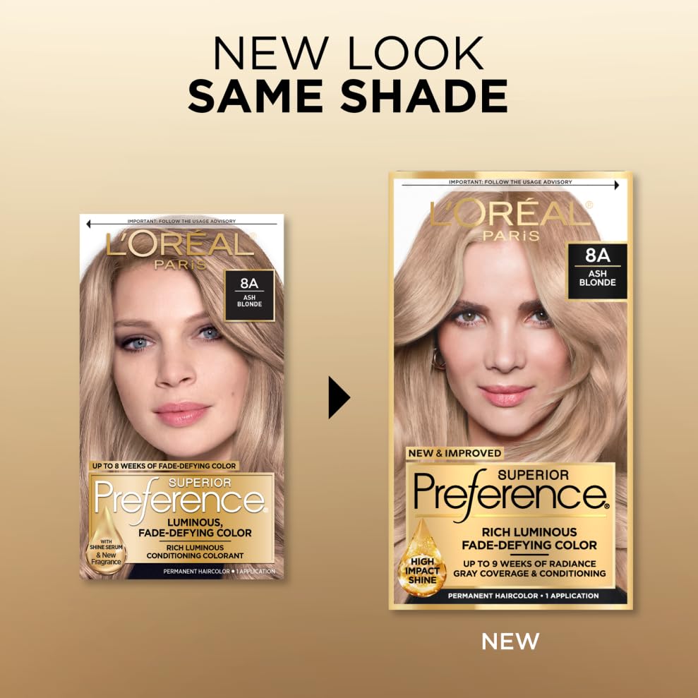 L'Oreal Paris Superior Preference Fade-Defying + Shine Permanent Hair Color, 8A Ash Blonde, Pack of 1, Hair Dye