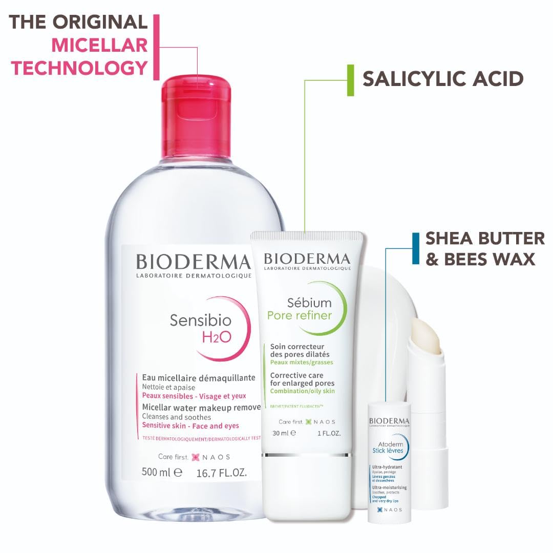 Bioderma Sensibio H2O 500ml + Sébium Pore refiner + Atoderm Lipstick - Makeup Essentials Bundle
