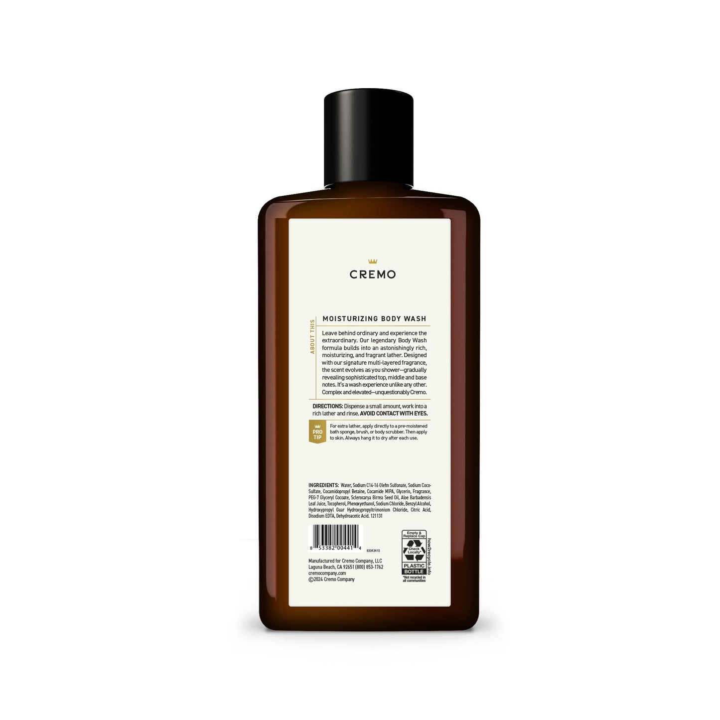 Cremo Body Wash Men, A Woodsy Scent with Notes of Lemon Peel, Cypress and Cedar, 16 Fl Oz