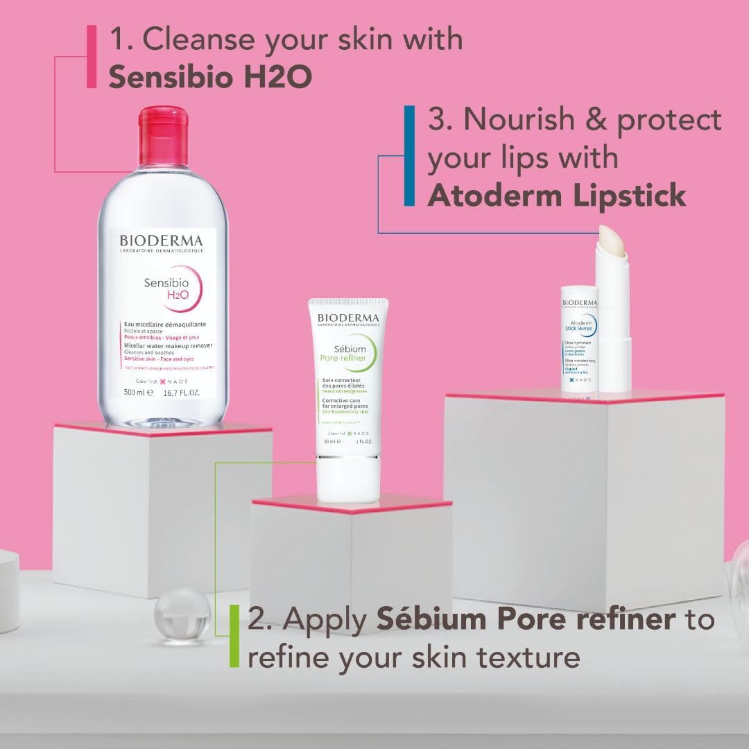 Bioderma Sensibio H2O 500ml + Sébium Pore refiner + Atoderm Lipstick - Makeup Essentials Bundle