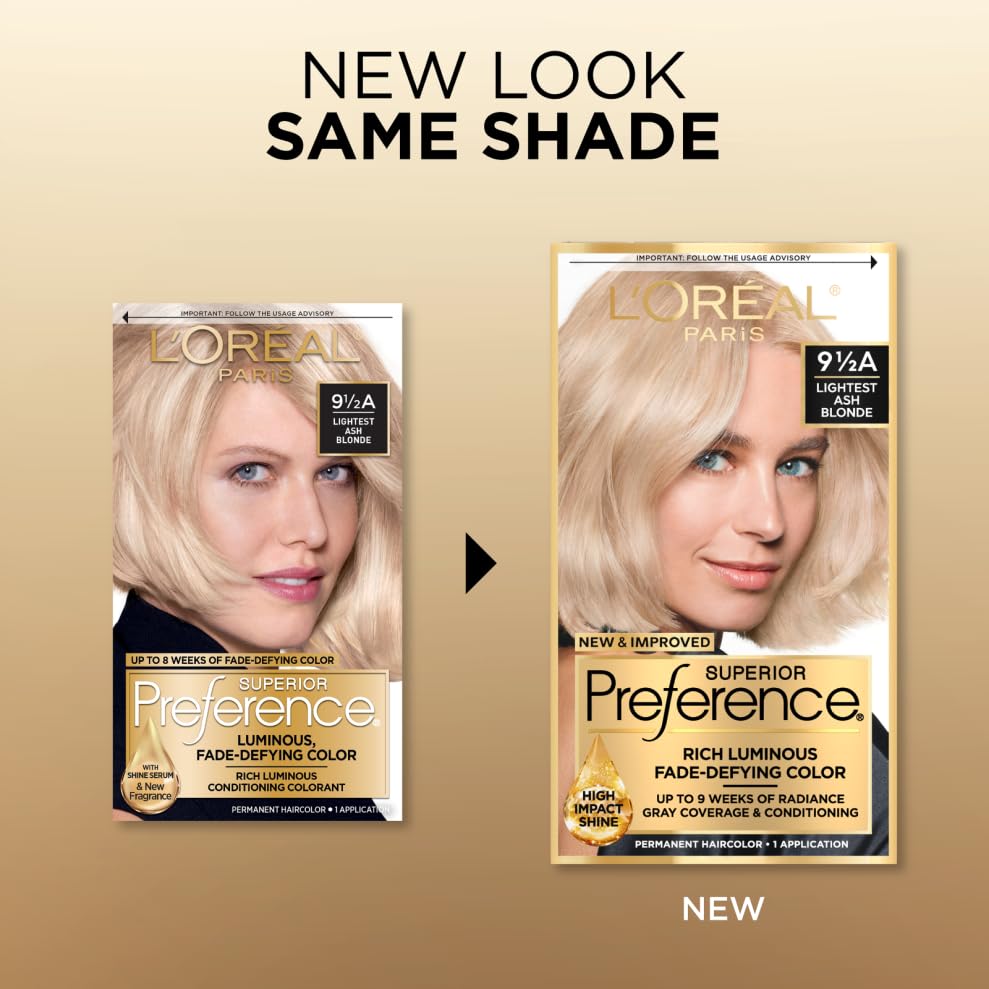 L'Oreal Paris Superior Preference Fade-Defying + Shine Permanent Hair Color, 9.5A Lightest Ash Blonde, Pack of 1, Hair Dye