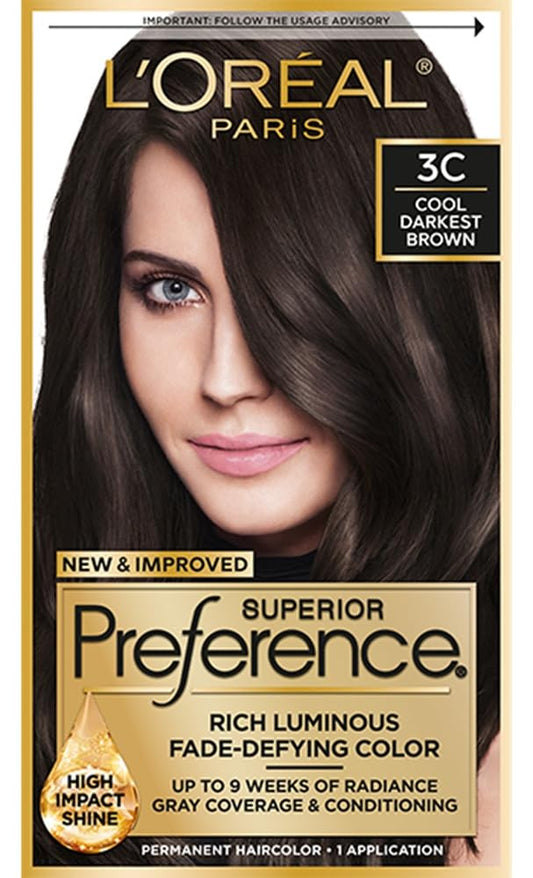 L'Oreal Paris Superior Preference Fade-Defying + Shine Permanent Hair Color, 3C Cool Darkest Brown, Pack of 1, Hair Dye